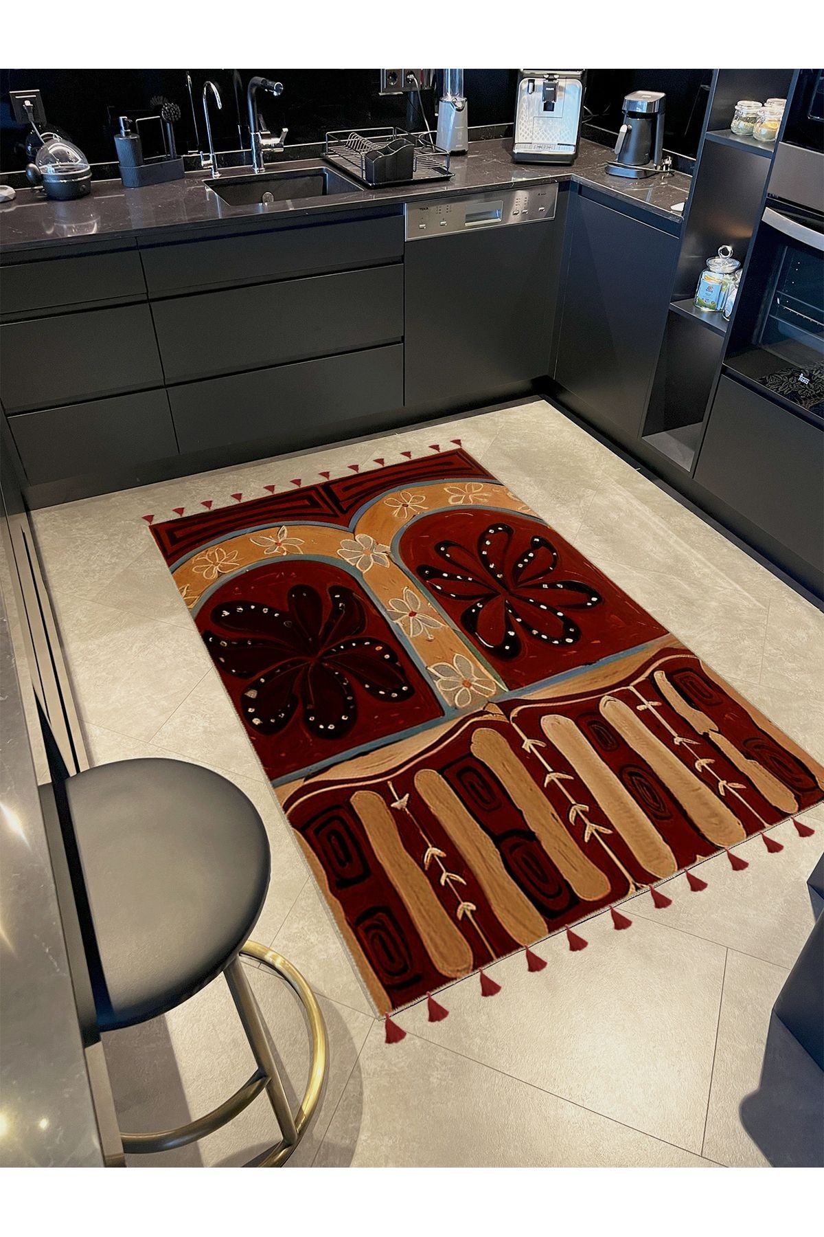 Royal Koyu Tonlu Karma Şekiller Desenli Püskül Detaylı Dokuma Taban Modern Dekoratif Halı royal17