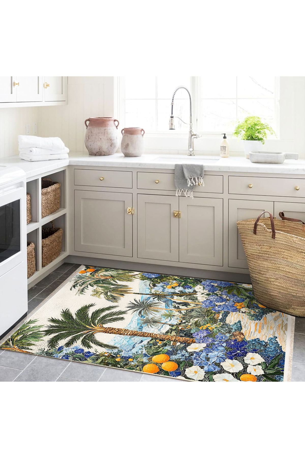 Paris Koleksiyonu Tropikal Desenli Mozaik Görünümlü Palmiye Detaylı Modern Dekoratif Halı paris34