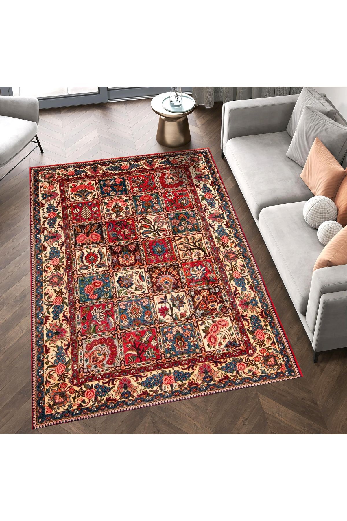 Aysu Koleksiyonu Kırmızı Tonlarda Çiçek Desenli Dokuma Taban Modern Dekoratif Halı aysu47
