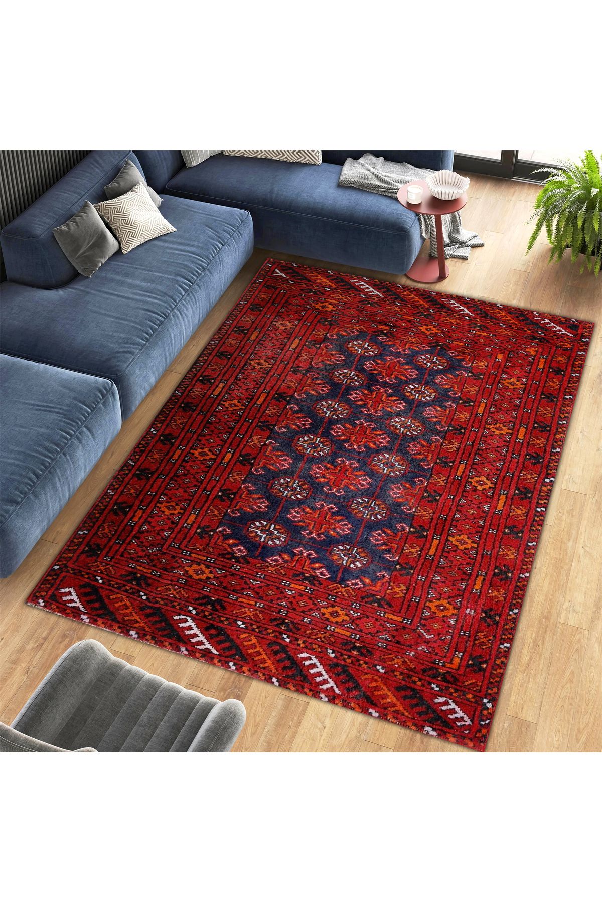 Mete Koleksiyonu Lacivert ve Bordo Temalı Geleneksel Motifler Desenli Vintage Dekoratif Halı 16