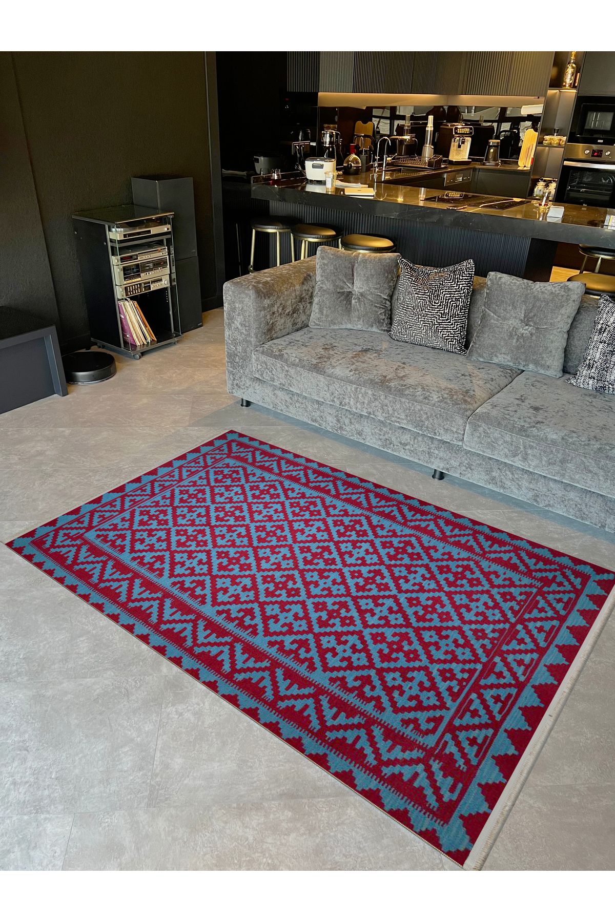 Maya Koleksiyonu Mavi Bordo Etnik Desenli Dokuma Taban Modern Dekoratif Halı maya25
