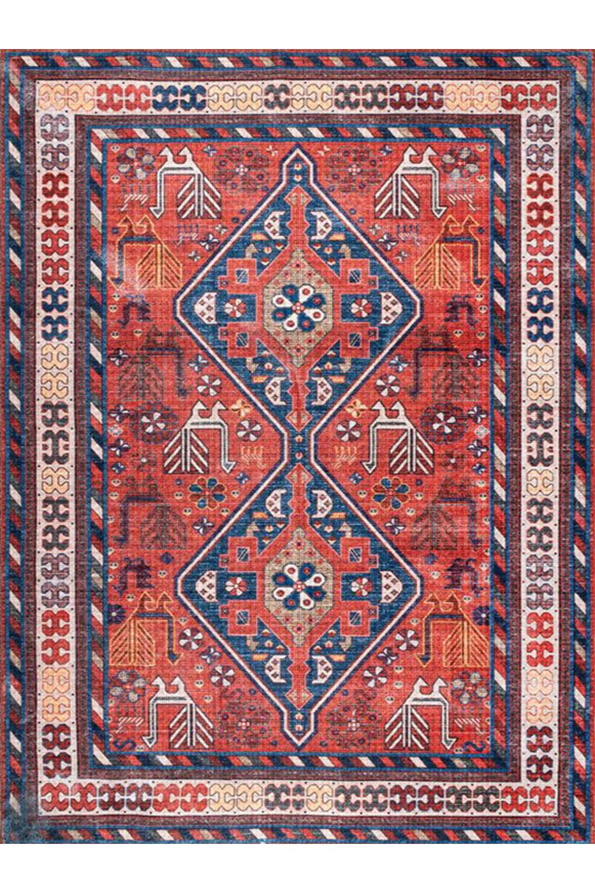 Alya Koleksiyonu Eskitme Görünümlü Mavi Bej Kırmızı Desenli Dokuma Taban Dekoratif Halı alya33