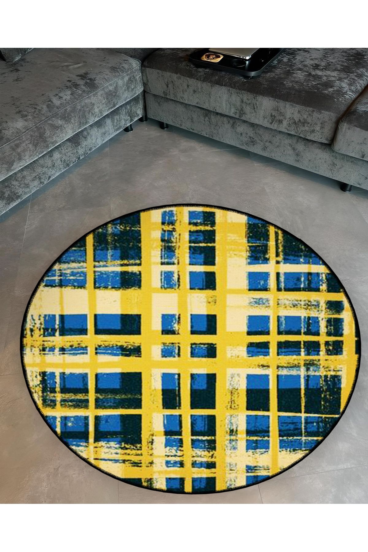 Mira Yuvarlak Sarı Lacivert Ekose Detaylı Dokuma Taban Modern Dekoratif Halı mirayuvarlak5540