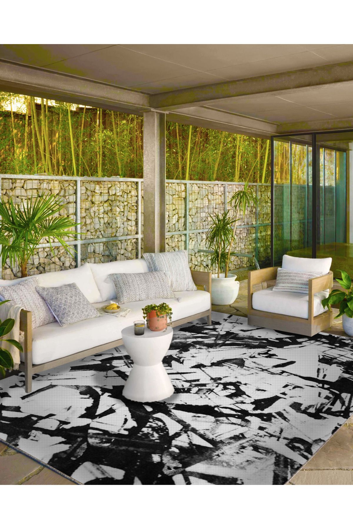 Siyah Beyaz Şekilli Desenli Dokuma Taban Halı ve Yıkanabilir Halı miravip10235