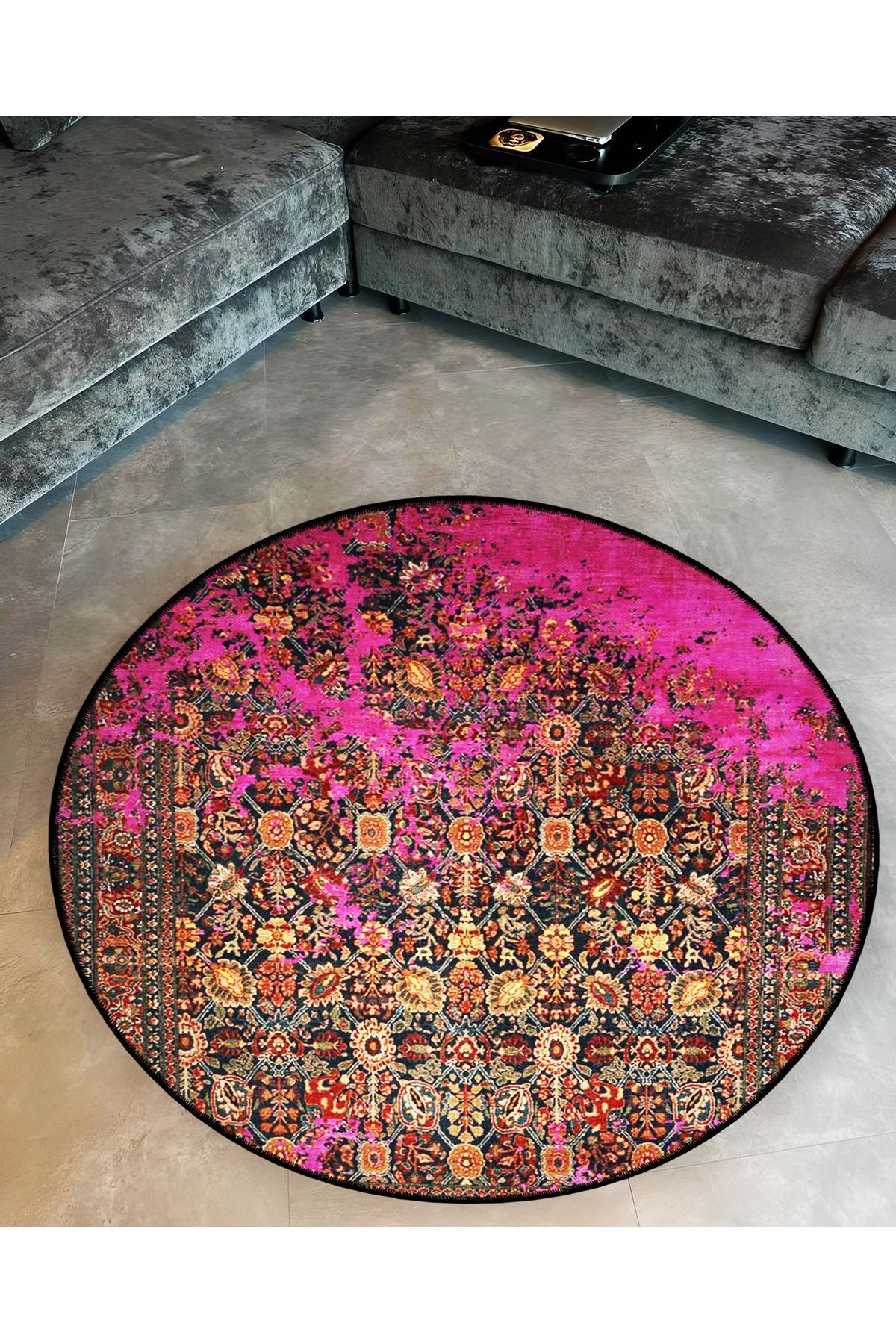 Mira Yuvarlak Pembe Detaylı Antik Desenli Dokuma Taban Modern Dekoratif Halı 5696