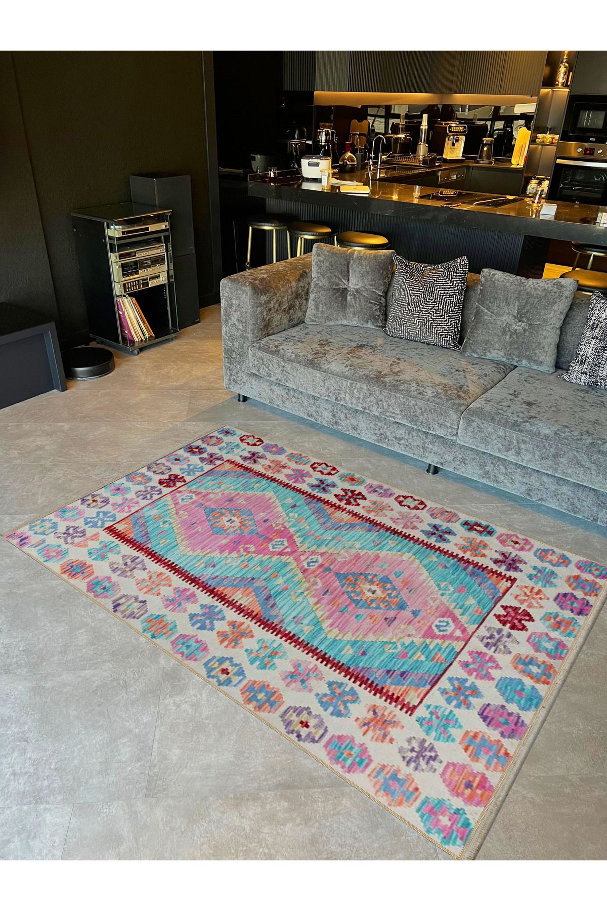 Emre Koleksiyonu Çok Renkli Etnik Detaylı Geleneksel Desenli Dokuma Taban Vintage Dekoratif Halı 27