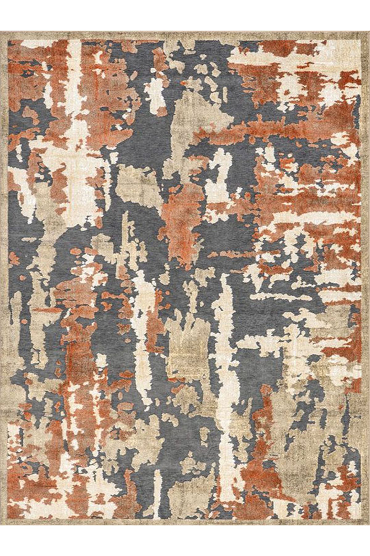 Alya Koleksiyonu Gri Turuncu Soyut Desenli Dokuma Taban Dekoratif Halı alya44