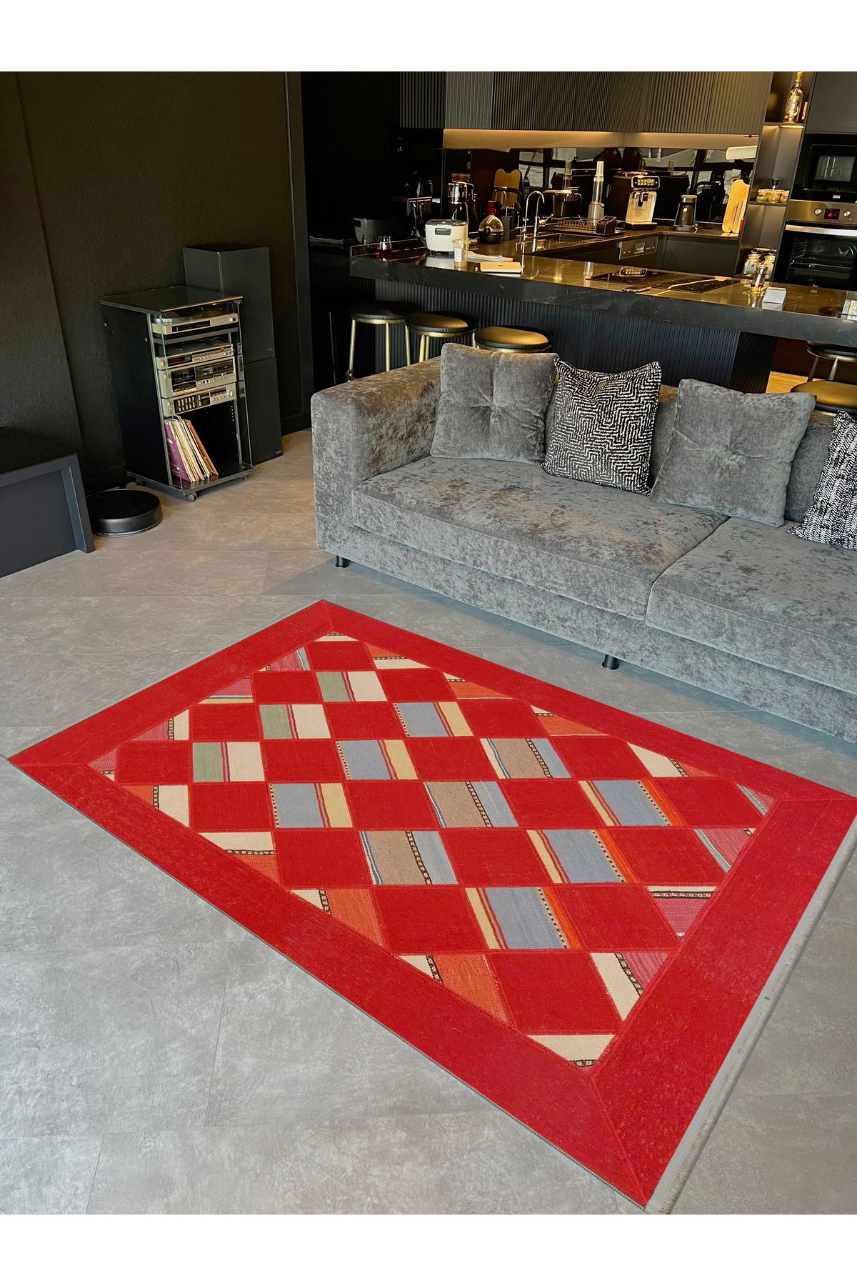 Güney Koleksiyonu Kırmızı Temalı Geometrik Dörtgen Desenli Modern Dekoratif Halı 28