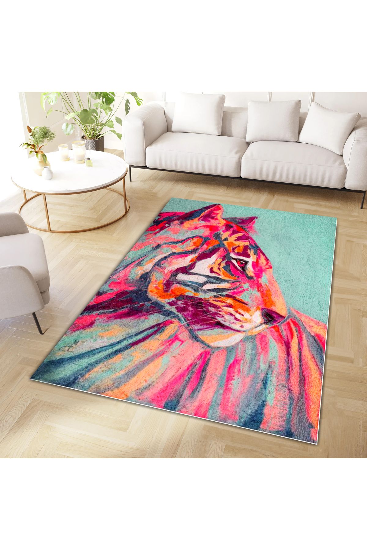 Kuzey Koleksiyonu Mavi Pembe Detaylı Kaplan Dokuma Taban Dekoratif Halı kuzey40