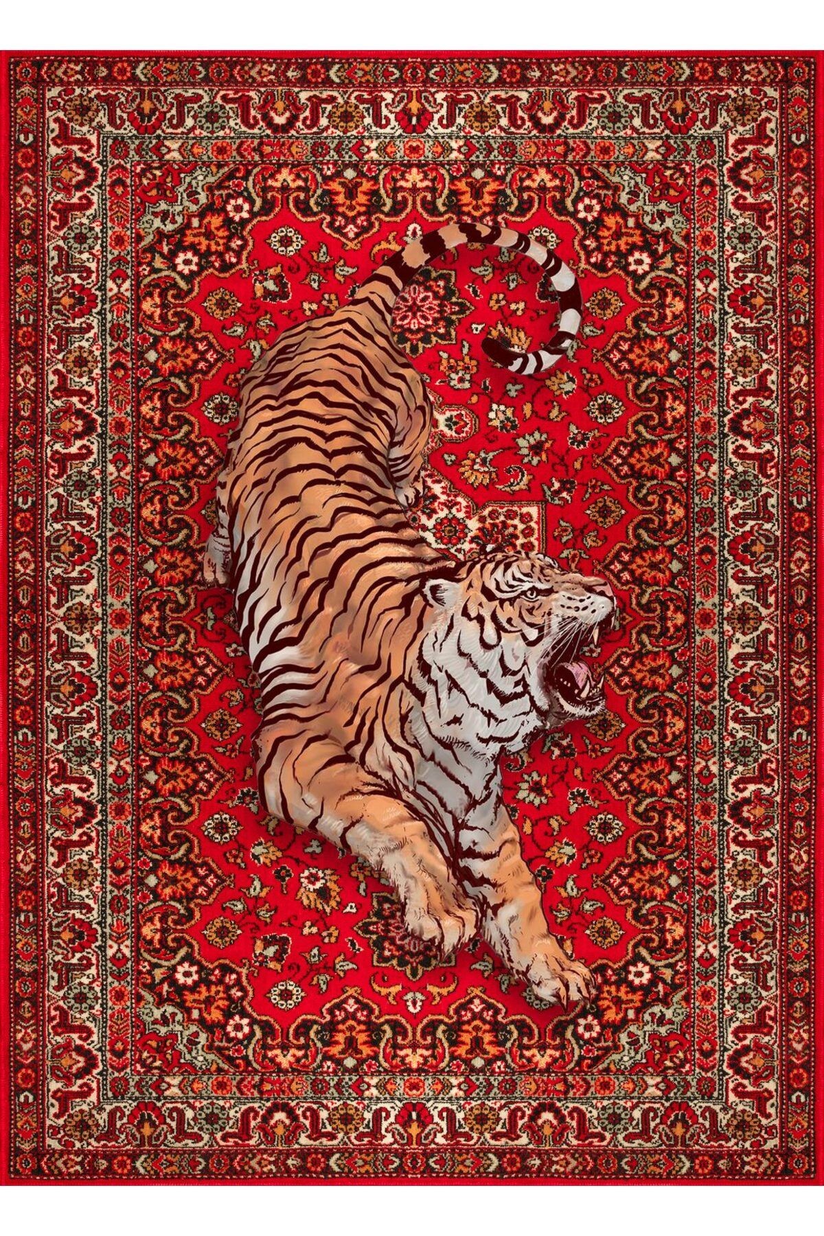Nilla Koleksiyonu Kırmızı Vintage Desenli Kaplan Detaylı Dokuma Taban Dekoratif Halı nilla08