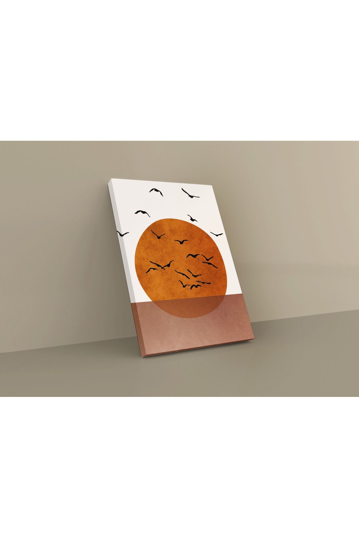Kanvas Tablo Turuncu Bej Ton Soyut Güneş ve Kuş Desen