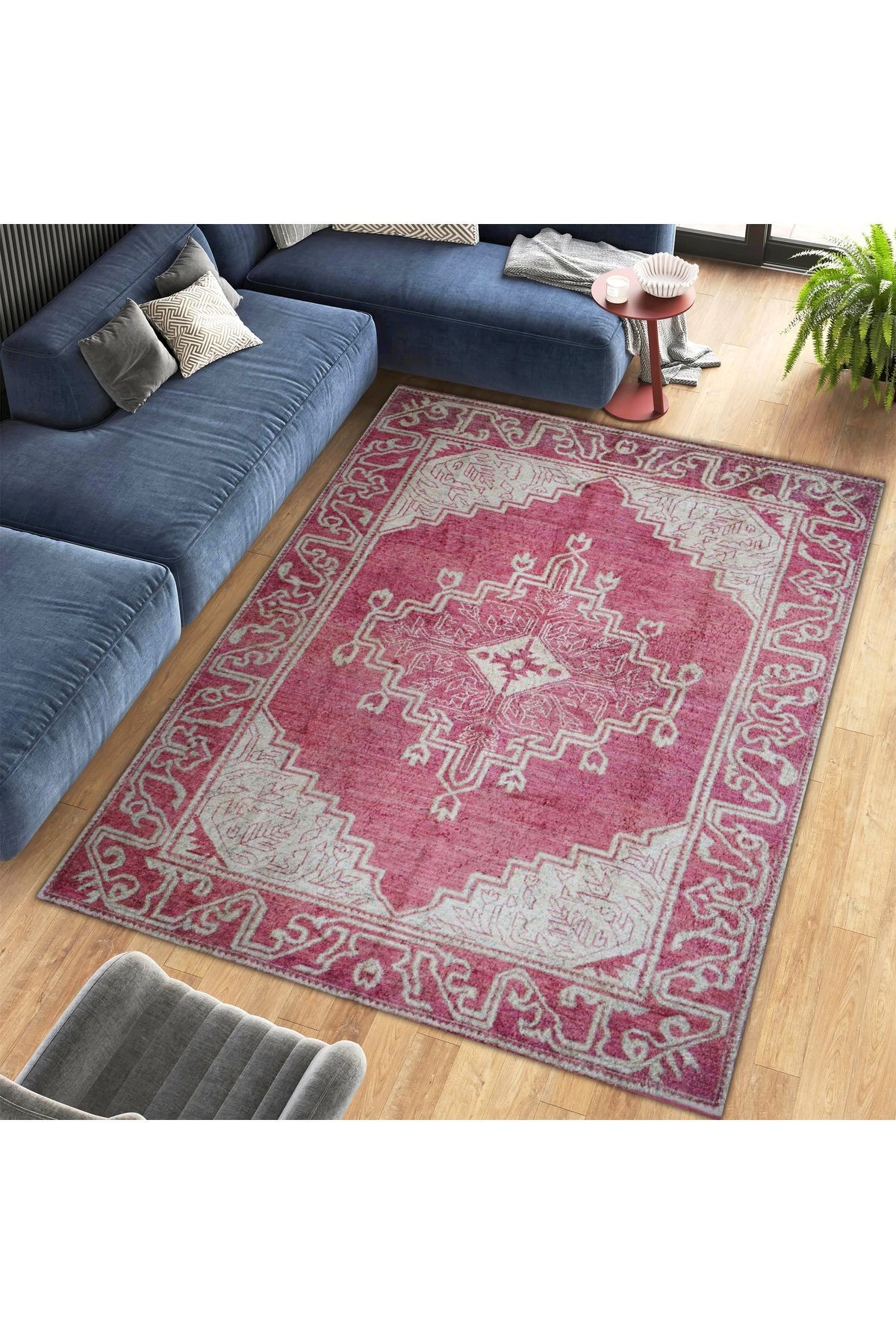 Asena Koleksiyonu Pembe ve Gri Temalı Geleneksel ve Bohem Desenli Vintage Dekoratif Halı 12