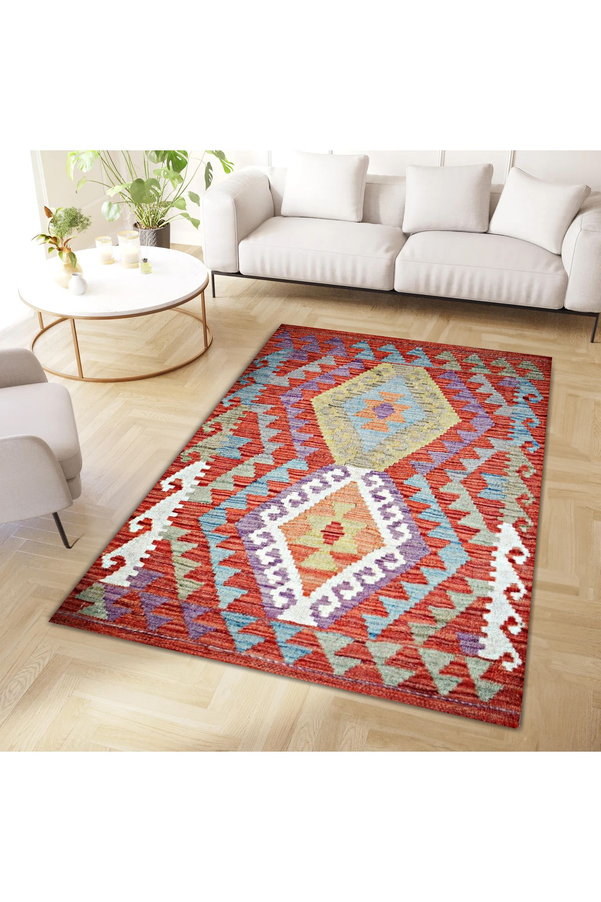 Asena Koleksiyonu Kırmızı Tema Çok Renkli Geometrik Motifler Desenli Vintage Dekoratif Halı 18