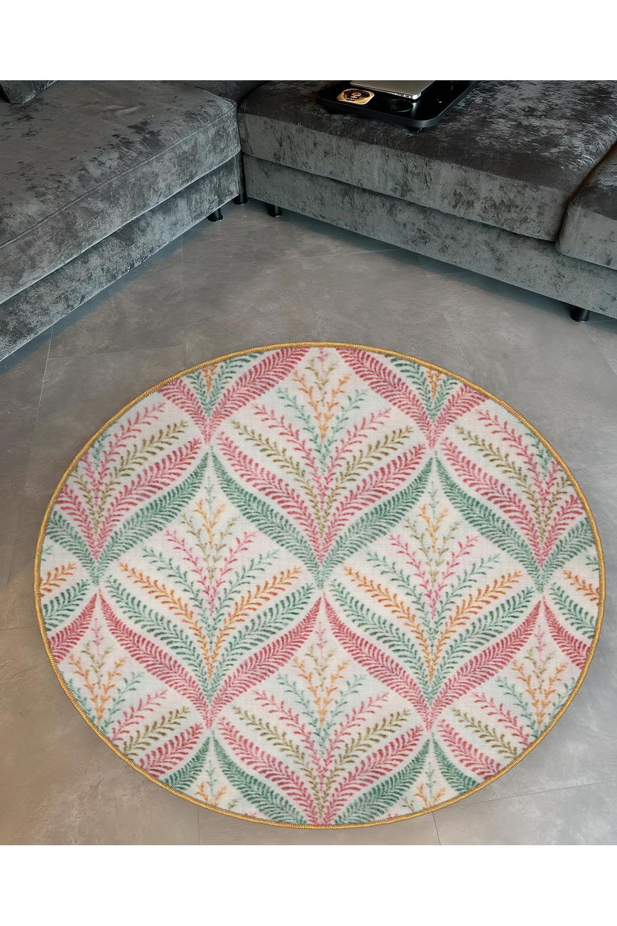 Açık Ton Renkli Floral Çiçek Desenli Yuvarlak Dokuma Taban Modern Dekoratif Halı 6080