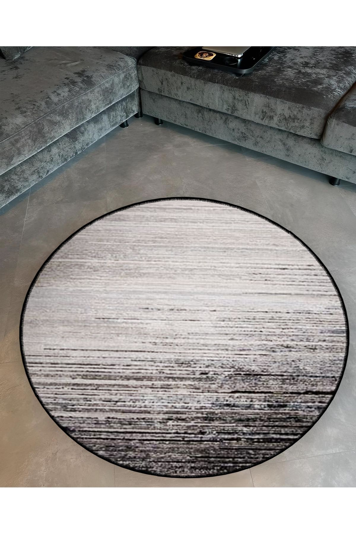 Mira Yuvarlak Beyaz Siyah Çizgi Detaylı Dokuma Taban Modern Dekoratif Halı 5592