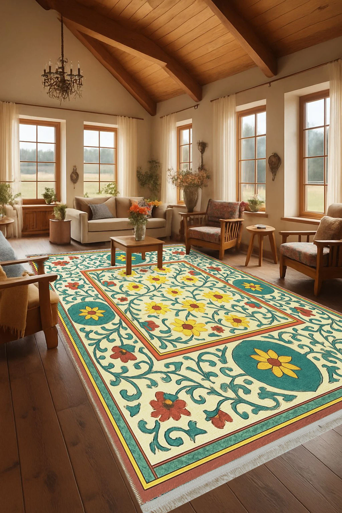 MOSSO Çok Renkli Geleneksel Temalı Desen Dokuma Taban Modern Dekoratif Halı mosso297