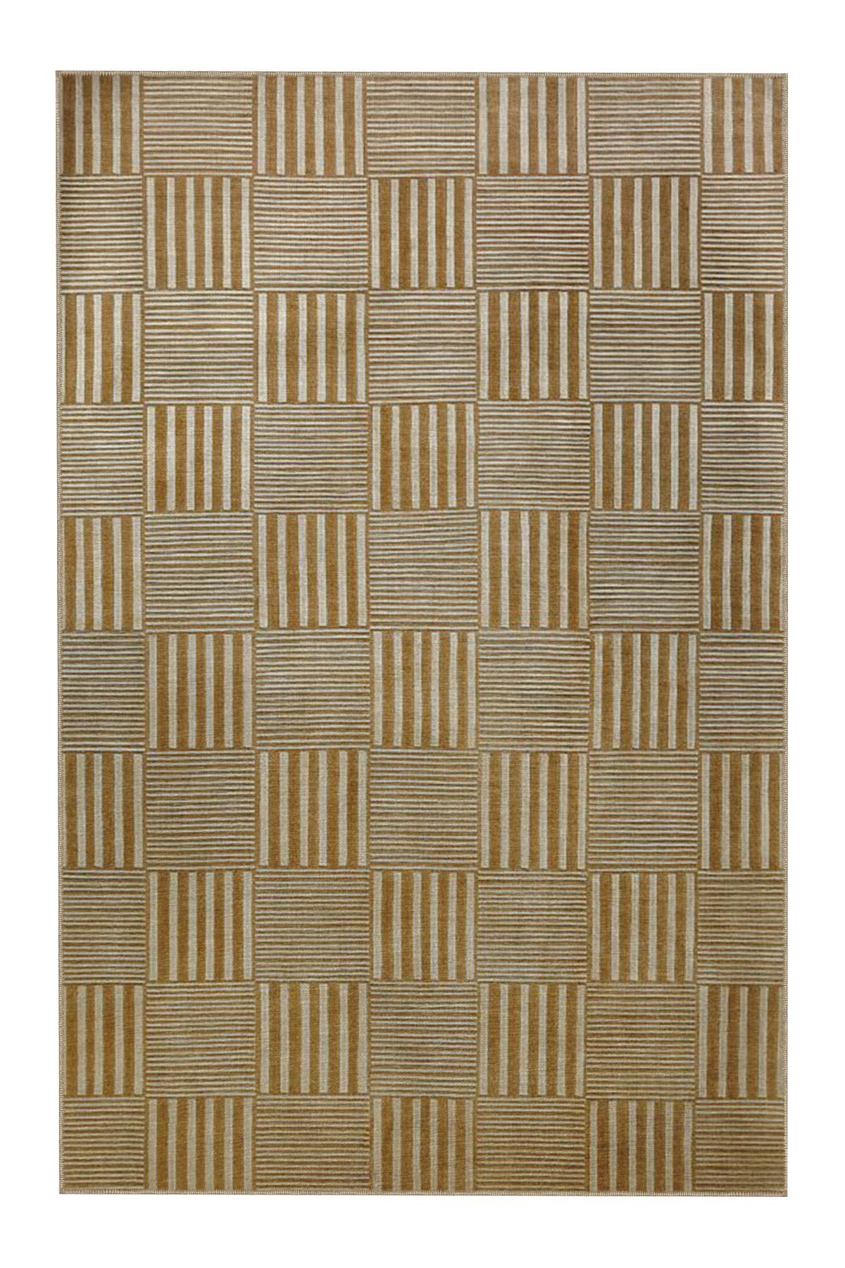 Bej Saman Rengi Çizgili Patchwork Desenli Kreatif Modern Dekoratif Halı 5368
