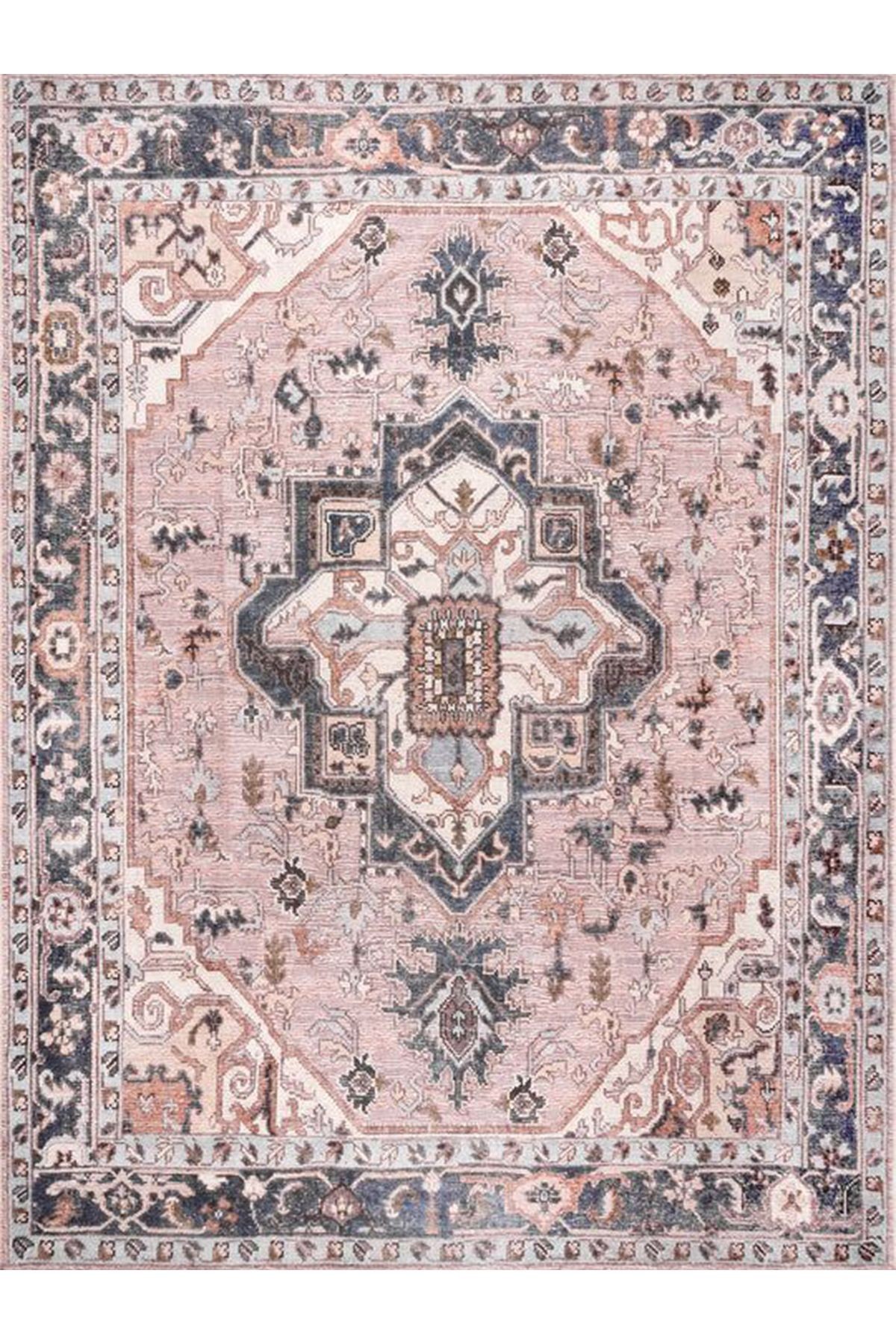 Asya Koleksiyonu Eskitme Görünümlü Pembe Gri Dokuma Taban Modern Dekoratif Halı asya47