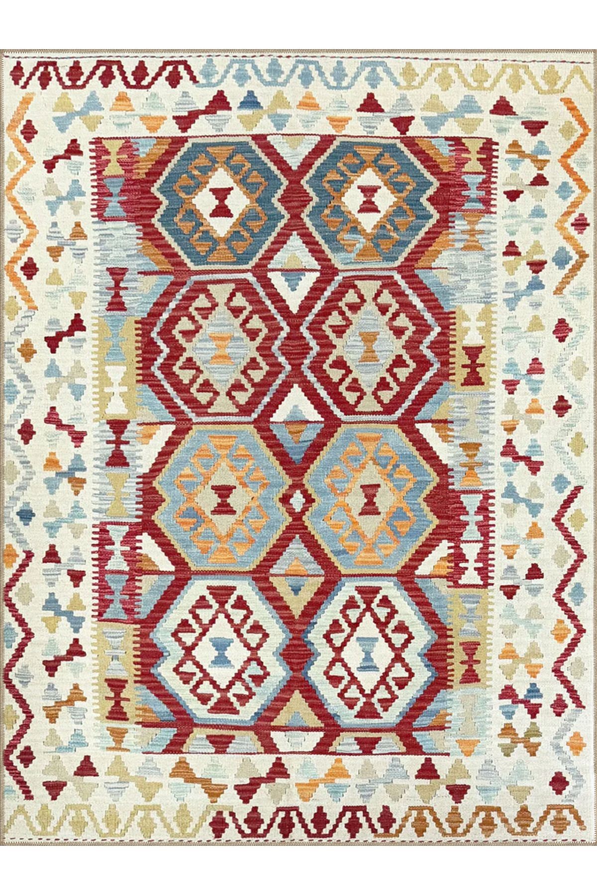 Emre Koleksiyonu Renkli Geometrik ve Etnik Motifler Desenli Dokuma Taban Vintage Dekoratif Halı 16