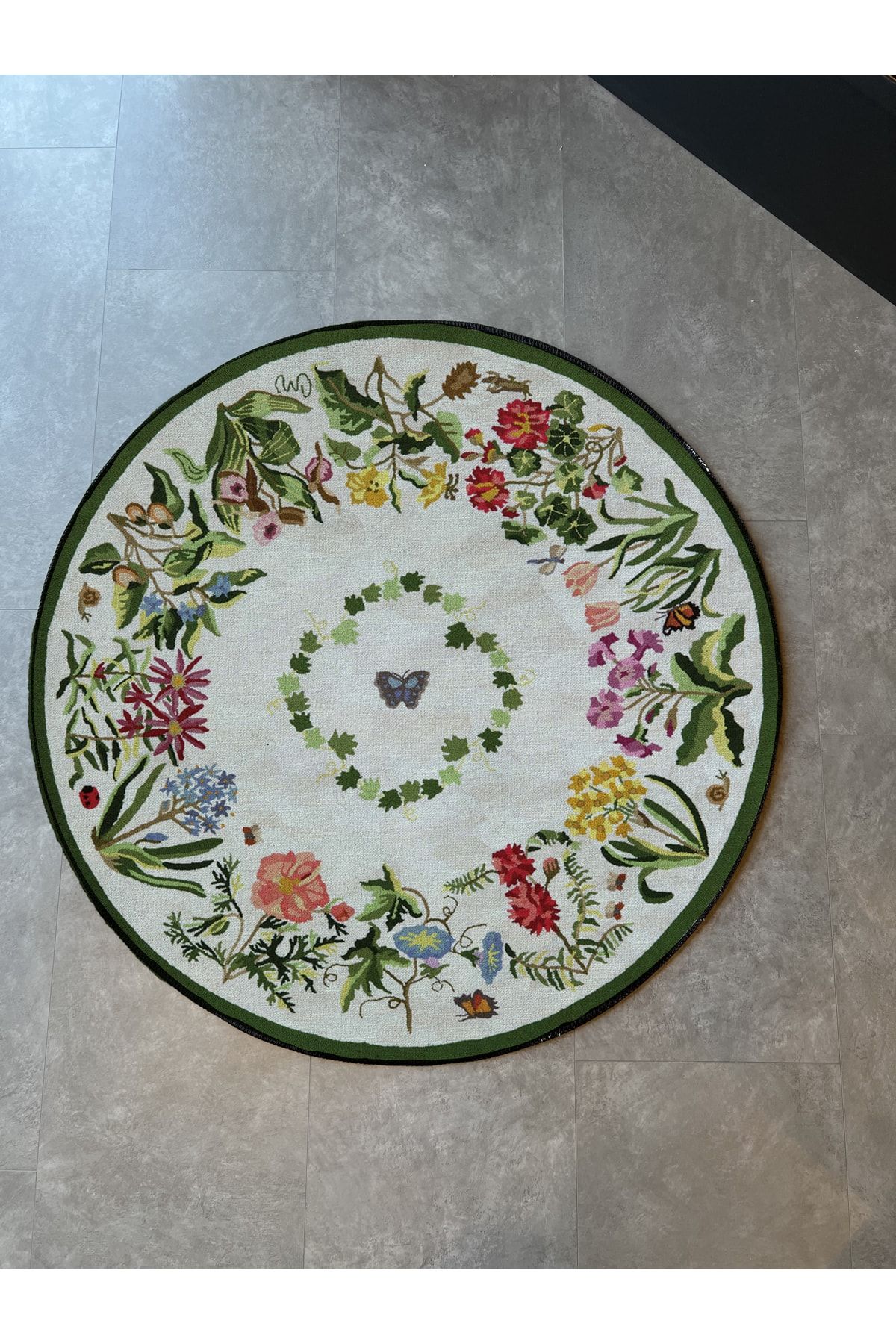 Beyaz Botanik Tema Dokuma Taban Yuvarlak Halı Mira 1430