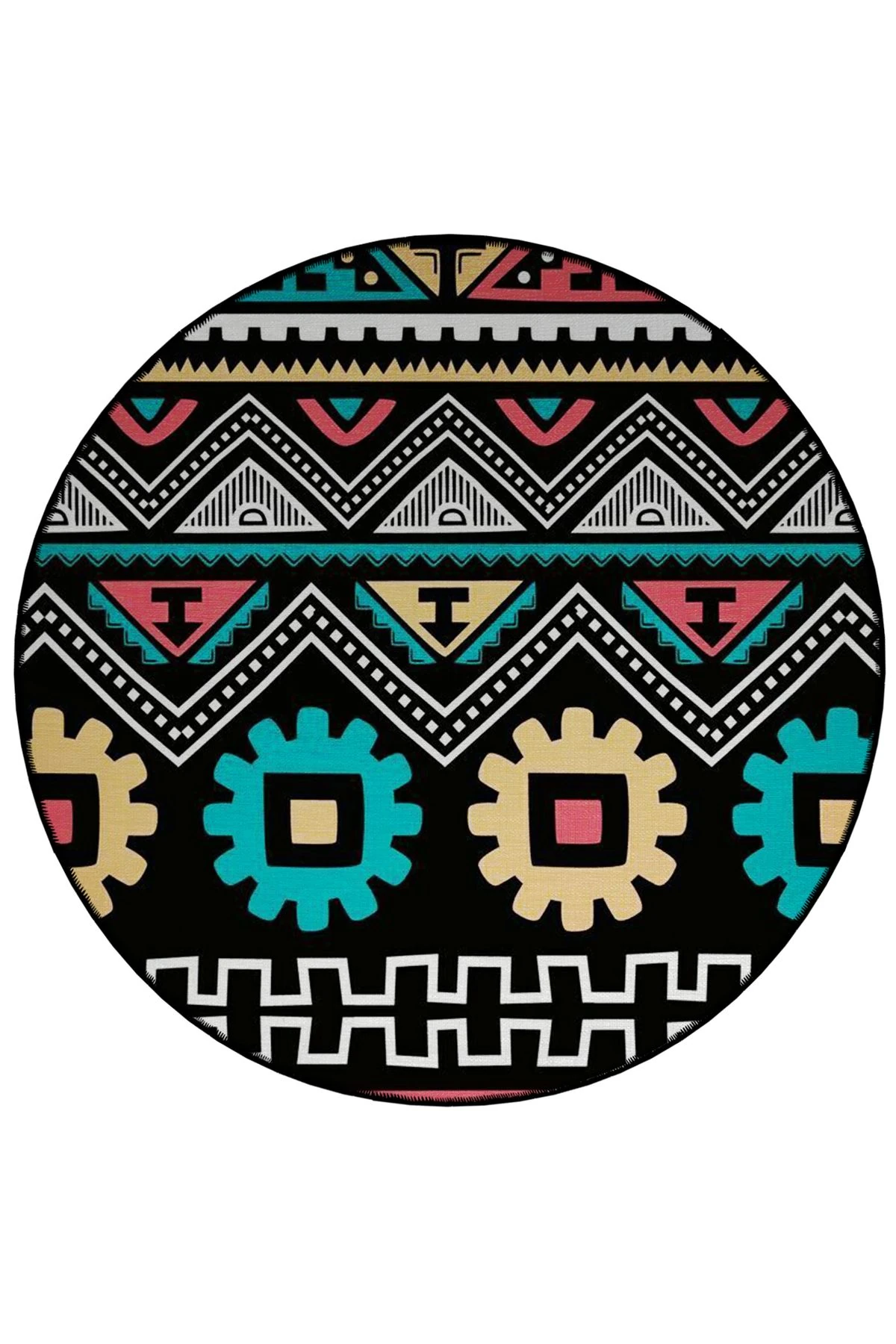 Mira Yuvarlak Siyah Çok Renkli Şekiller Dokuma Taban Modern Dekoratif Halı 5655