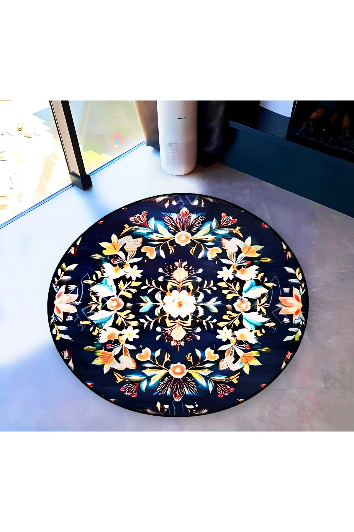 Mira Yuvarlak Siyah Zemin Üzerine Çok Renkli Çiçek Detaylı Dokuma Taban Modern Dekoratif Halı 5709