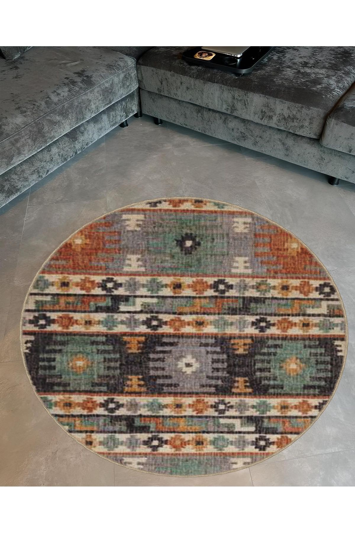 Çok Renkli Etnik Motif Geleneksel Desenli Yuvarlak Dokuma Taban Vintage Dekoratif Halı 6055