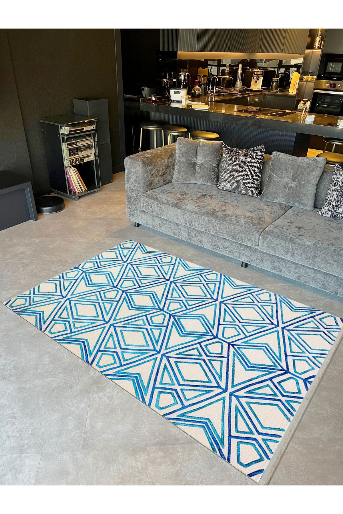 Paris Koleksiyonu Mavi ve Krem Temalı karma Geometrik Şekiller Desenli Modern Dekoratif Halı 154