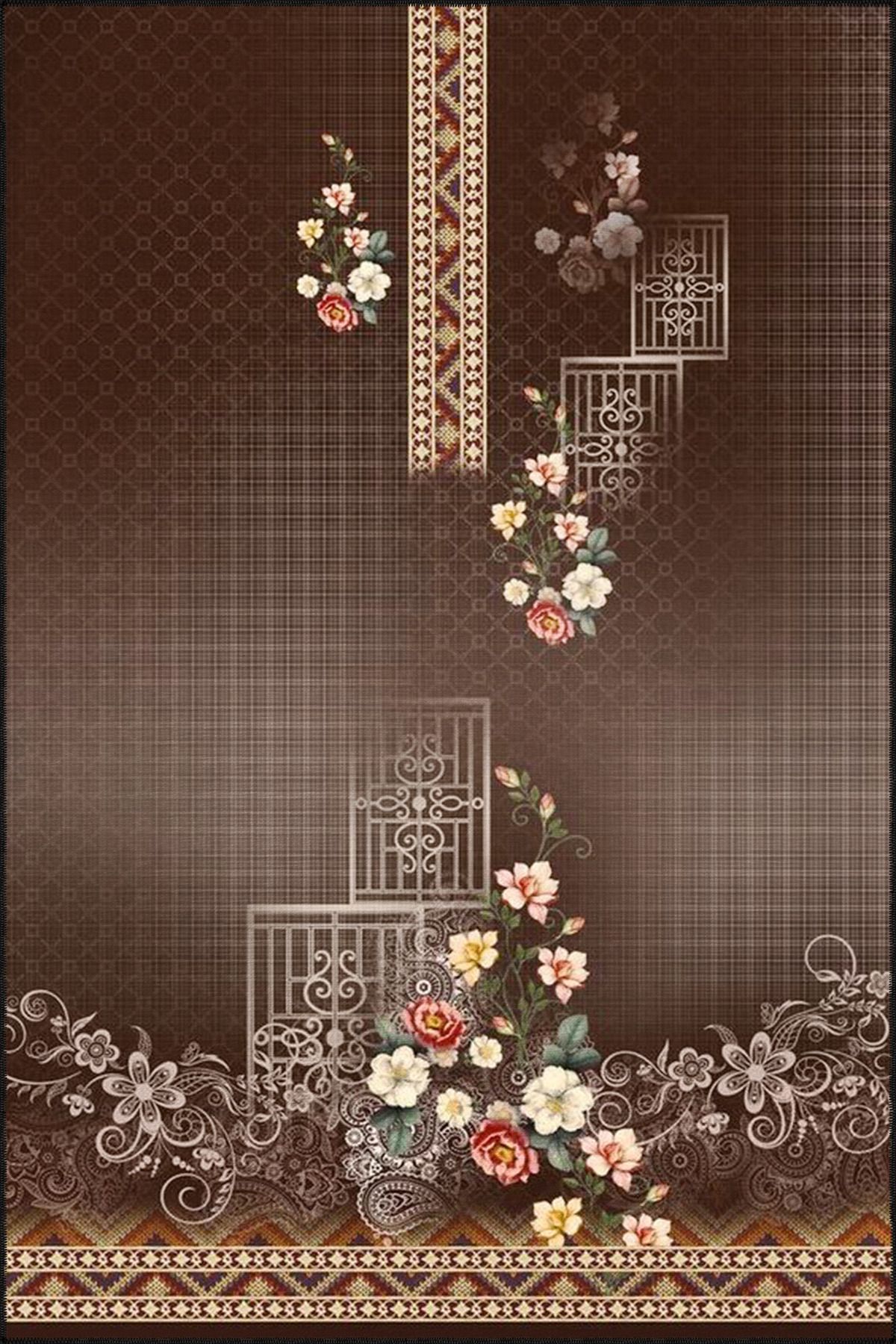 Modern Kahverenginde Etnik Desenli Dokuma Taban ve Dekoratif Yıkanabilir Halı miravip8611