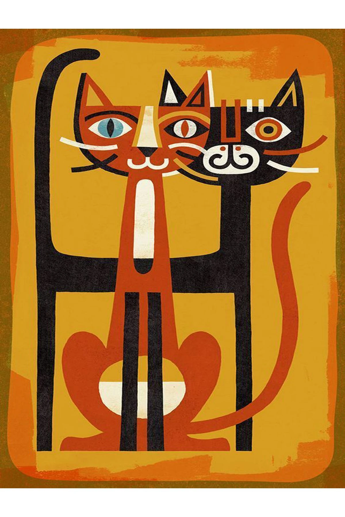 Kuzey Koleksiyonu Turuncu Tonlarda İki Kedi Desenli Dokuma Taban Modern Dekoratif Halı kuzey21