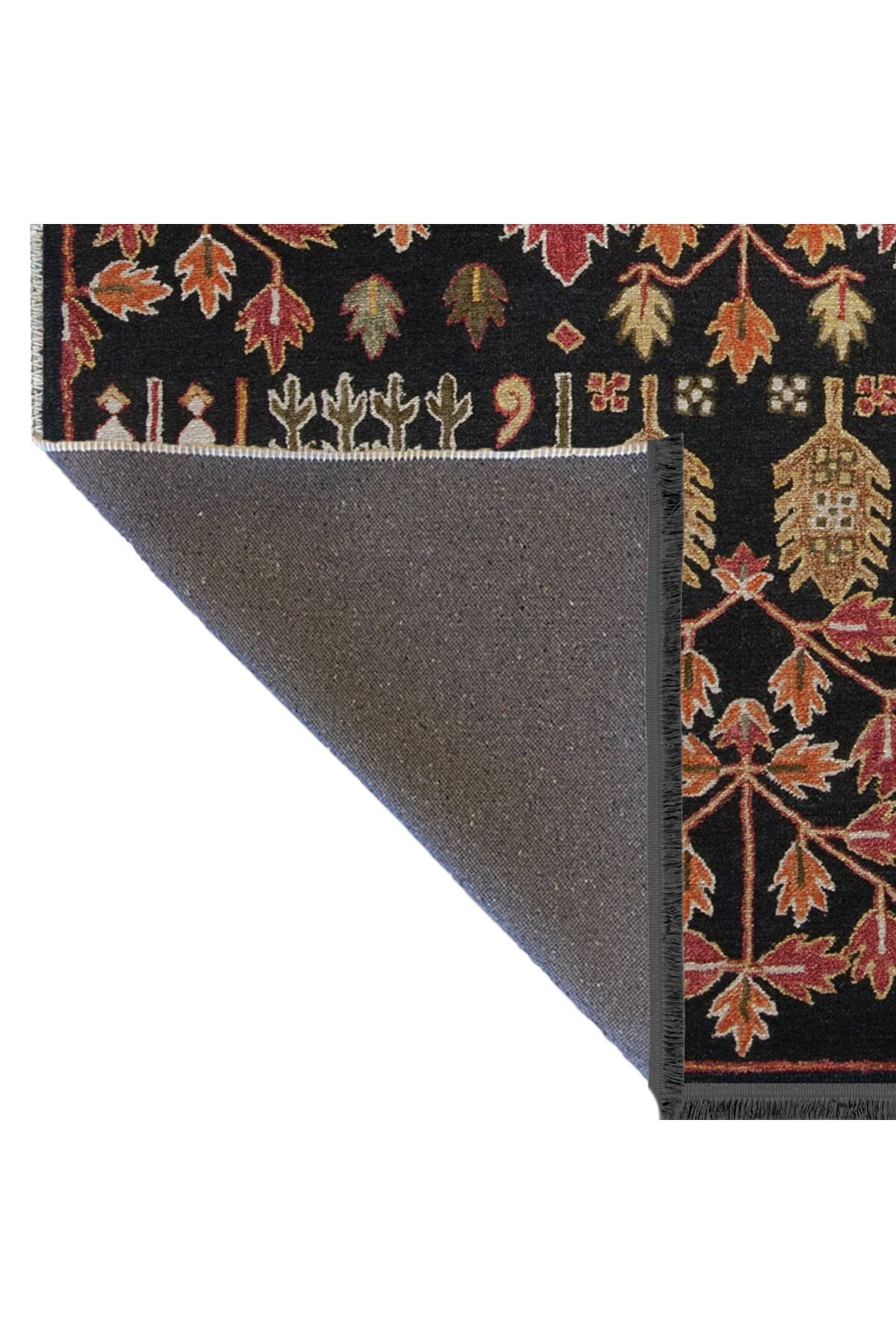 Siyah Temalı Çok Renkli Çiçek Motifli Etnik Desenli Kreatif Vintage Dekoratif Halı 2771