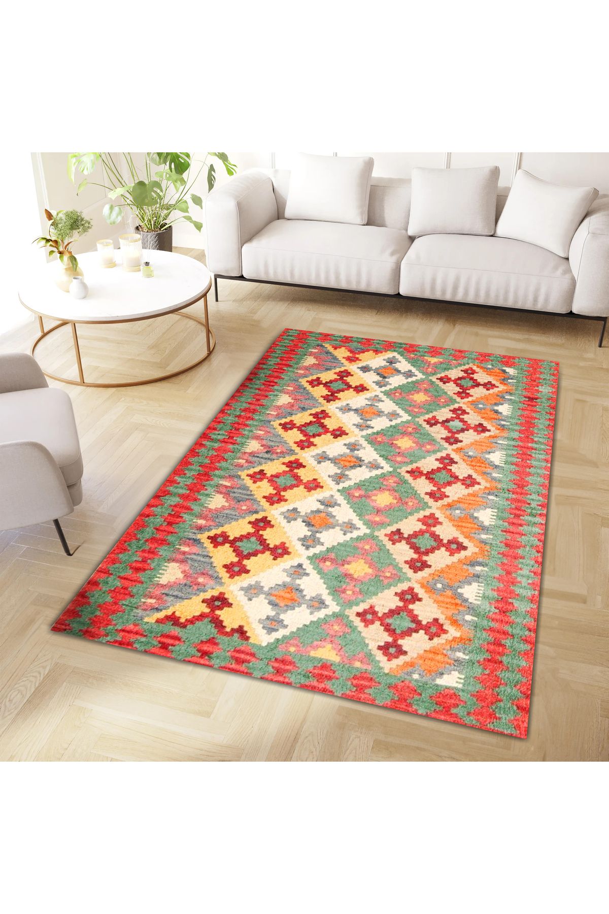 Aysu Koleksiyonu Turuncu Yeşil Etnik Desenli Dokuma Taban Modern Dekoratif Halı aysu31