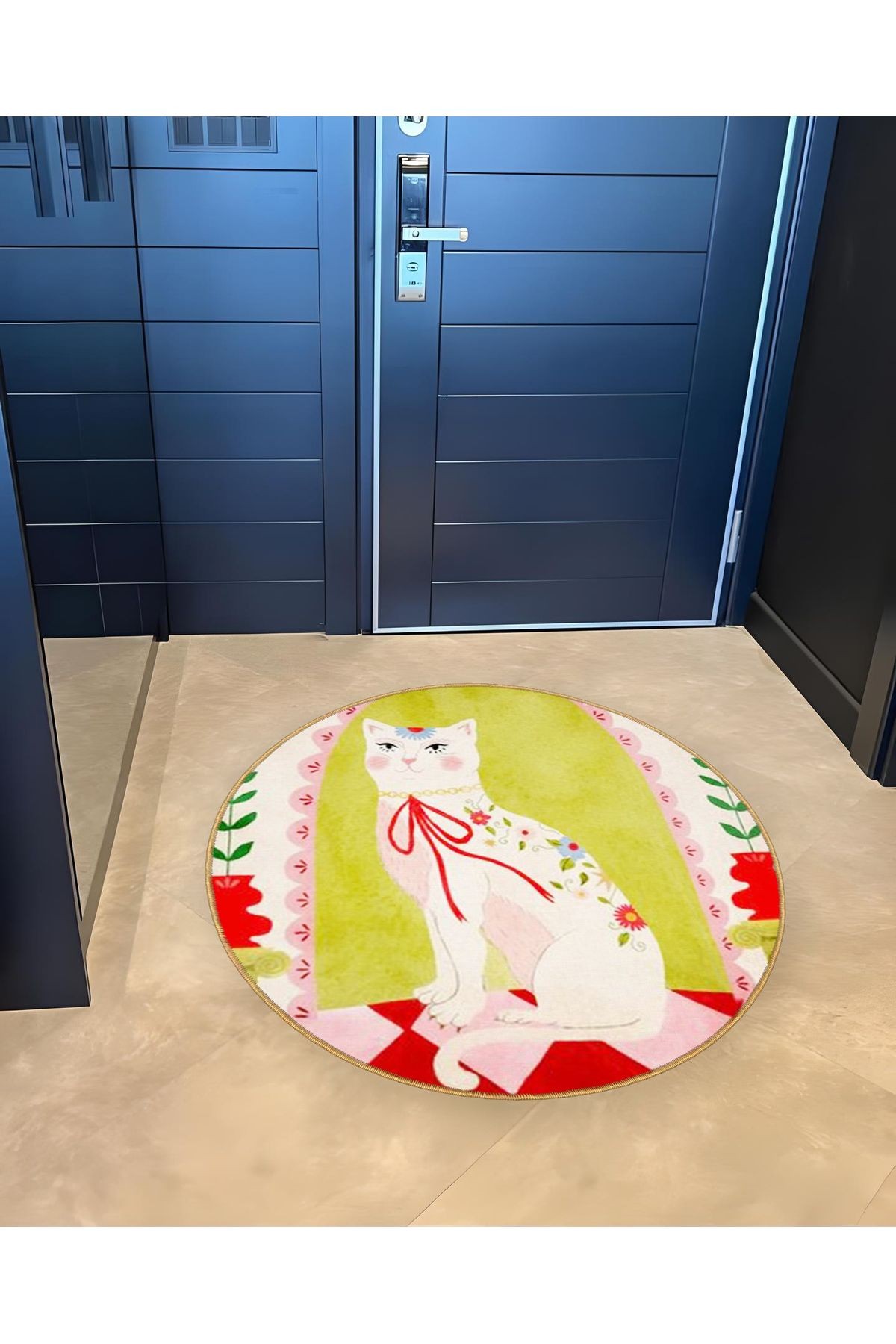 Yeşil Tema Kedi ve Çiçek Desenli Yuvarlak Dokuma Taban Modern Dekoratif Halı 6111