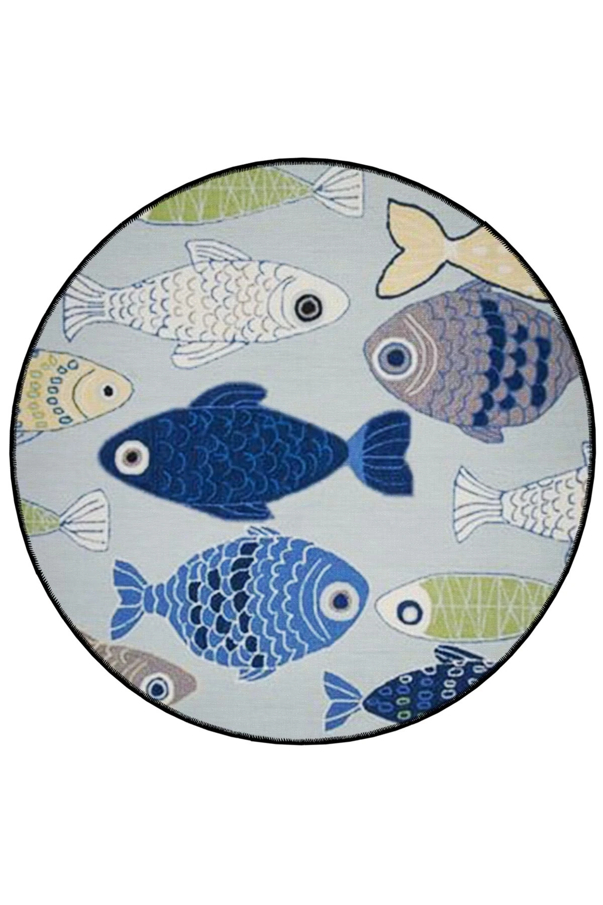 Mira Yuvarlak Mavi Tonlarda Balıklar Dokuma Taban Modern Dekoratif Halı 5546