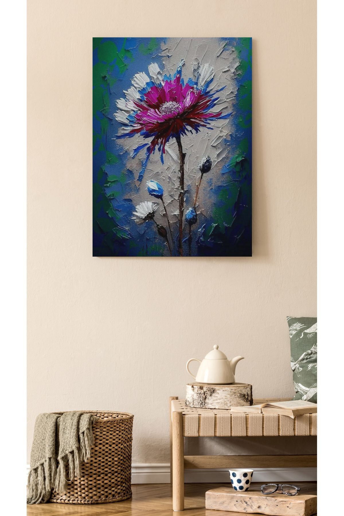 Kanvas Tablo Mavi Temalı Çiçek Desenli Modern Tablo