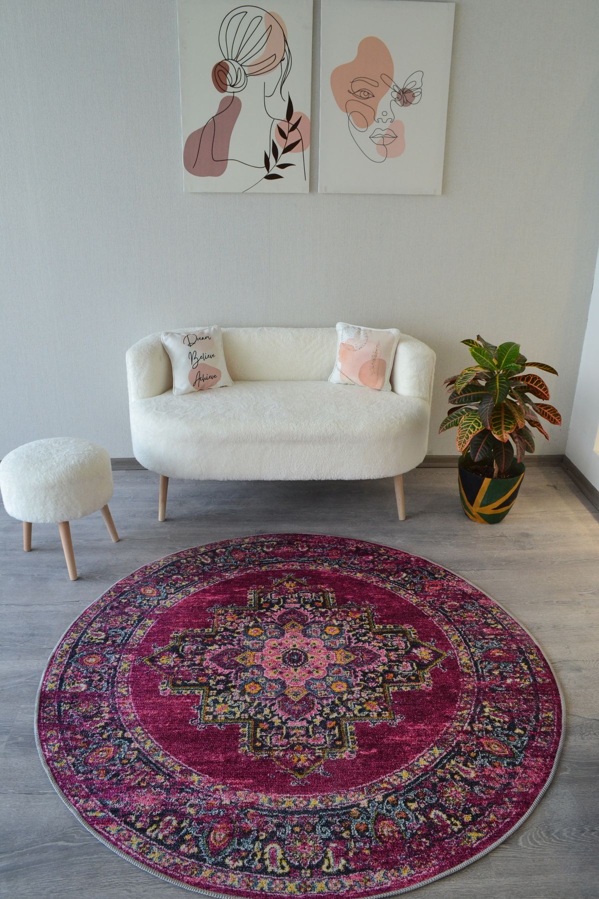 Fuşya Pembe Etnik Ve Vintage Tema Dokuma Taban Yuvarlak Halı Mira 1388