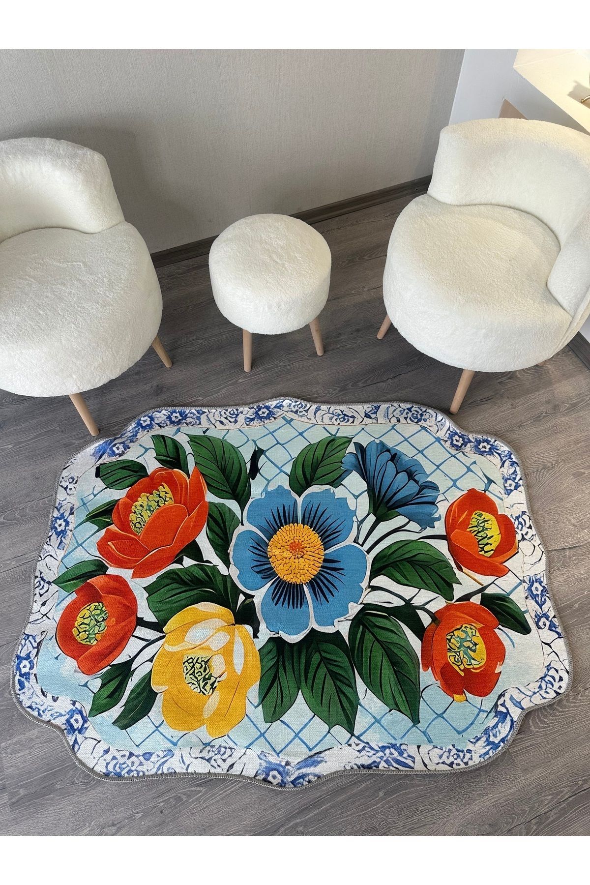 Leyla Koleksiyonu Çok Renkli Çiçekler Desenli Dokuma Taban Dekoratif Halı leyla55