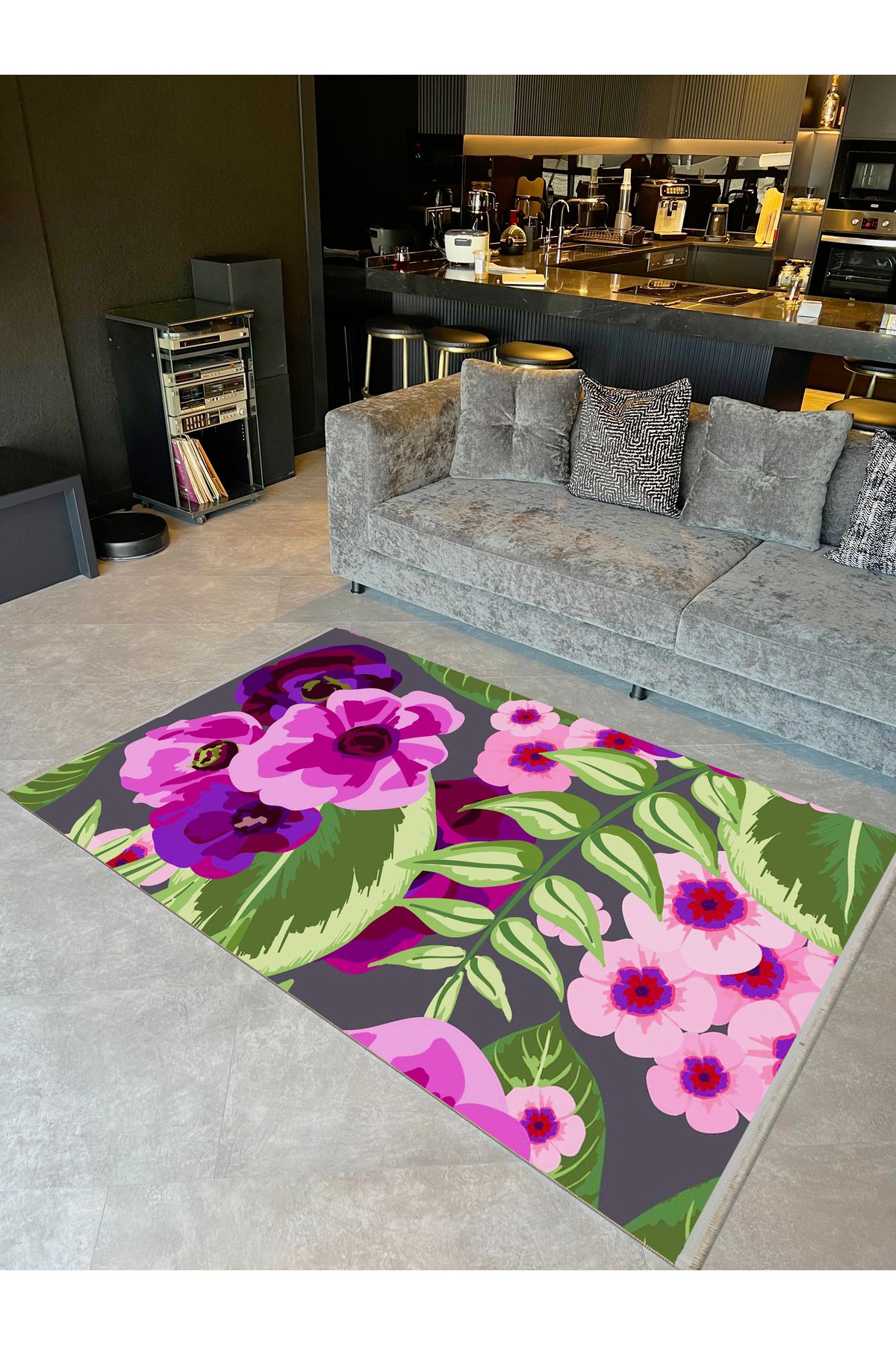 Yılmaz Koleksiyonu Pembe ve Yeşil Tonlar Menekşe ve Yapraklar Desenli Modern Dekoratif Halı 11