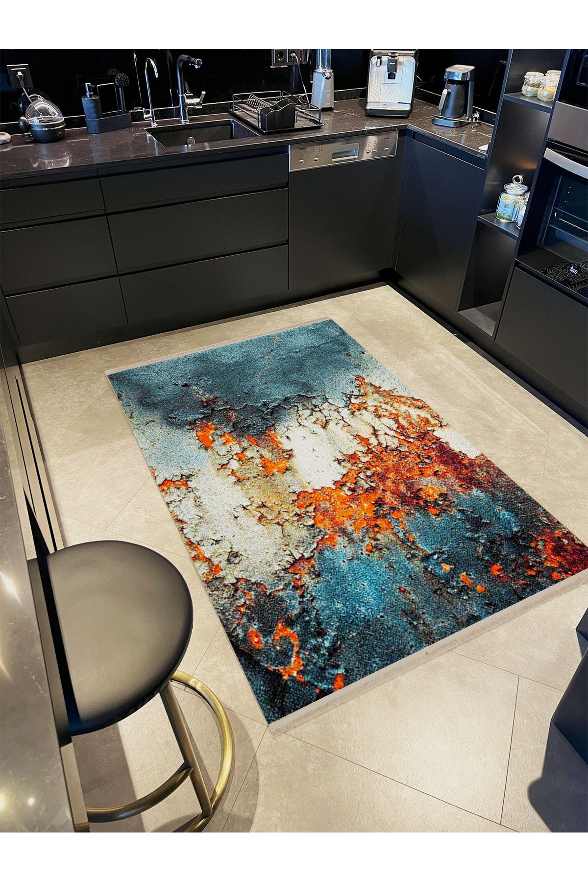 Güney Koleksiyonu Mavi Turuncu Temalı Soyut Abstract Desenli Kreatif Modern Dekoratif Halı 12