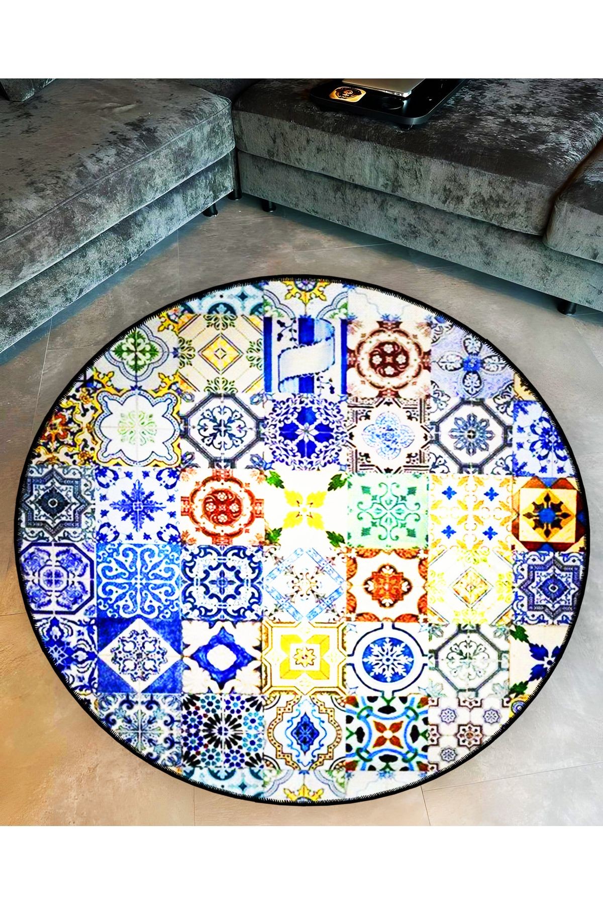Mira Yuvarlak Mavi Tonlarda Çini Desenler Dokuma Taban Dekoratif Halı 5734
