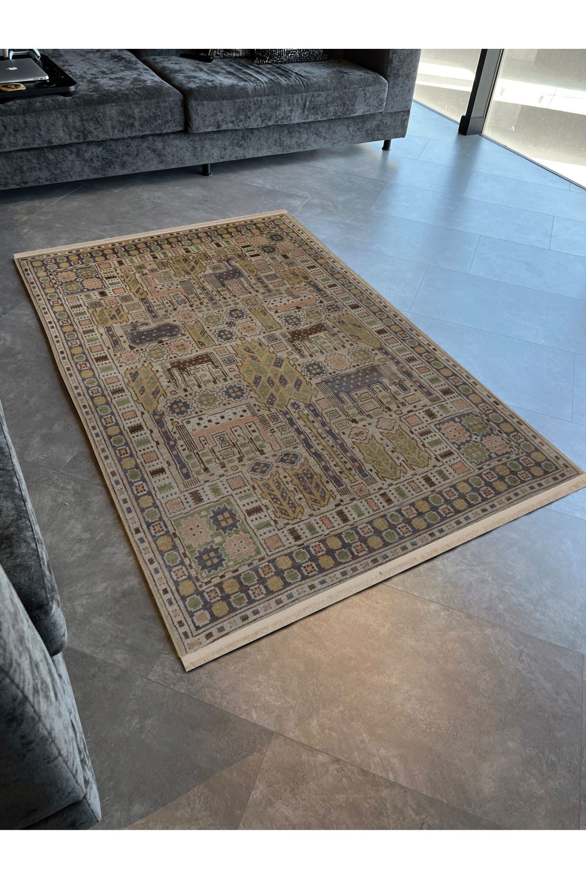 Bej Temalı Geleneksel Motif Etnik Desenli Kreatif Vintage Dekoratif Halı 2907