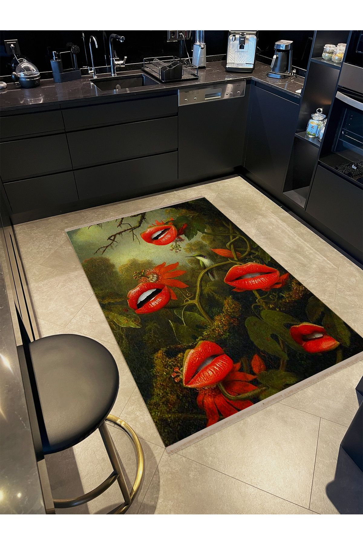 Yılmaz Koleksiyonu Yeşil ve Kırmızı Tonlar Dudak Çiçekleri ve Kuş Desenli Modern Dekoratif Halı 05