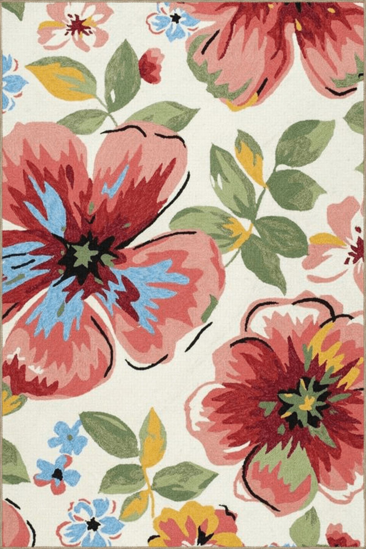 Pembe Yeşil Temalı Yaprak ve Çiçek Desenli Modern Dekoratif Halı 3857