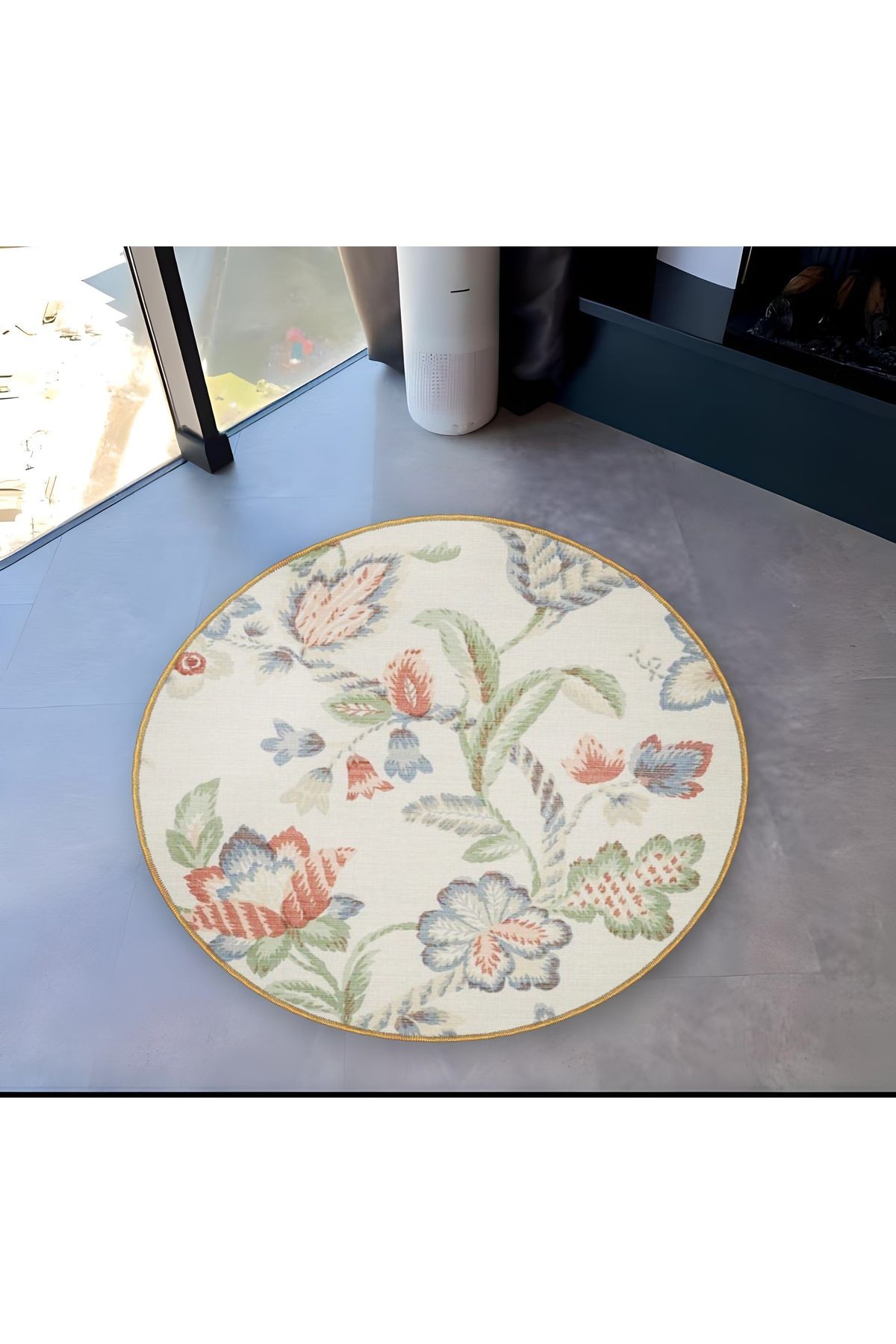 Açık Ton Floral Çiçek Desenli Yuvarlak Dokuma Taban Modern Dekoratif Halı 6097