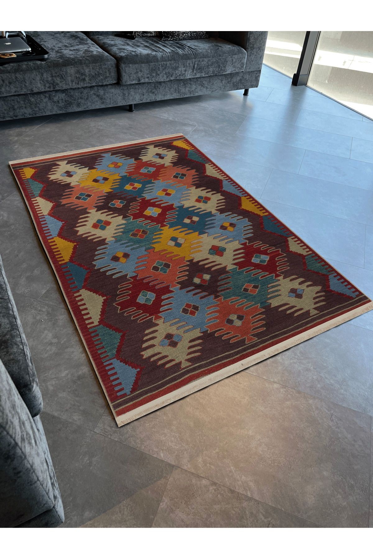 Çok Renkli Geometrik Motif Desenli Kreatif Vintage Dekoratif Halı 2685