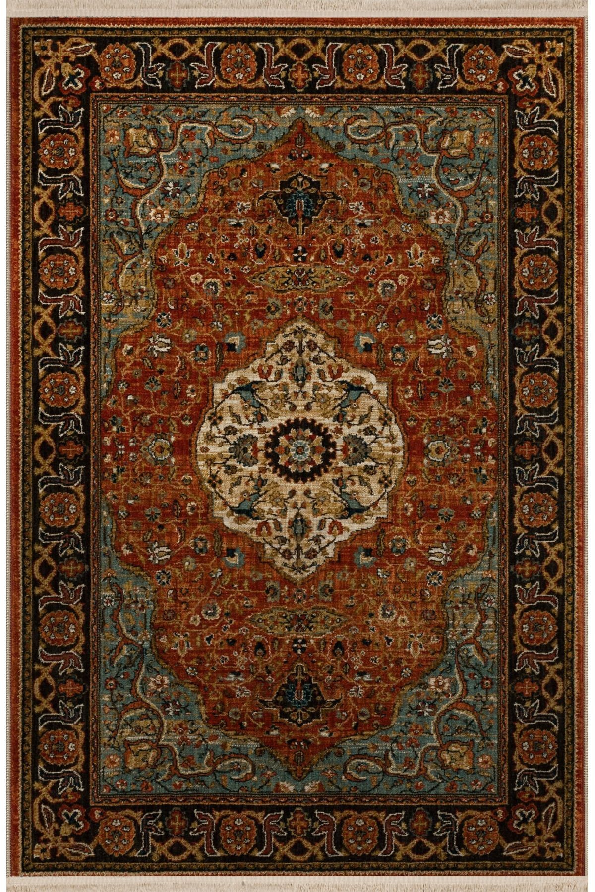 Turuncu Mavi Temalı Geleneksel Motif Etnik Desenli Kreatif Vintage Dekoratif Halı 2875