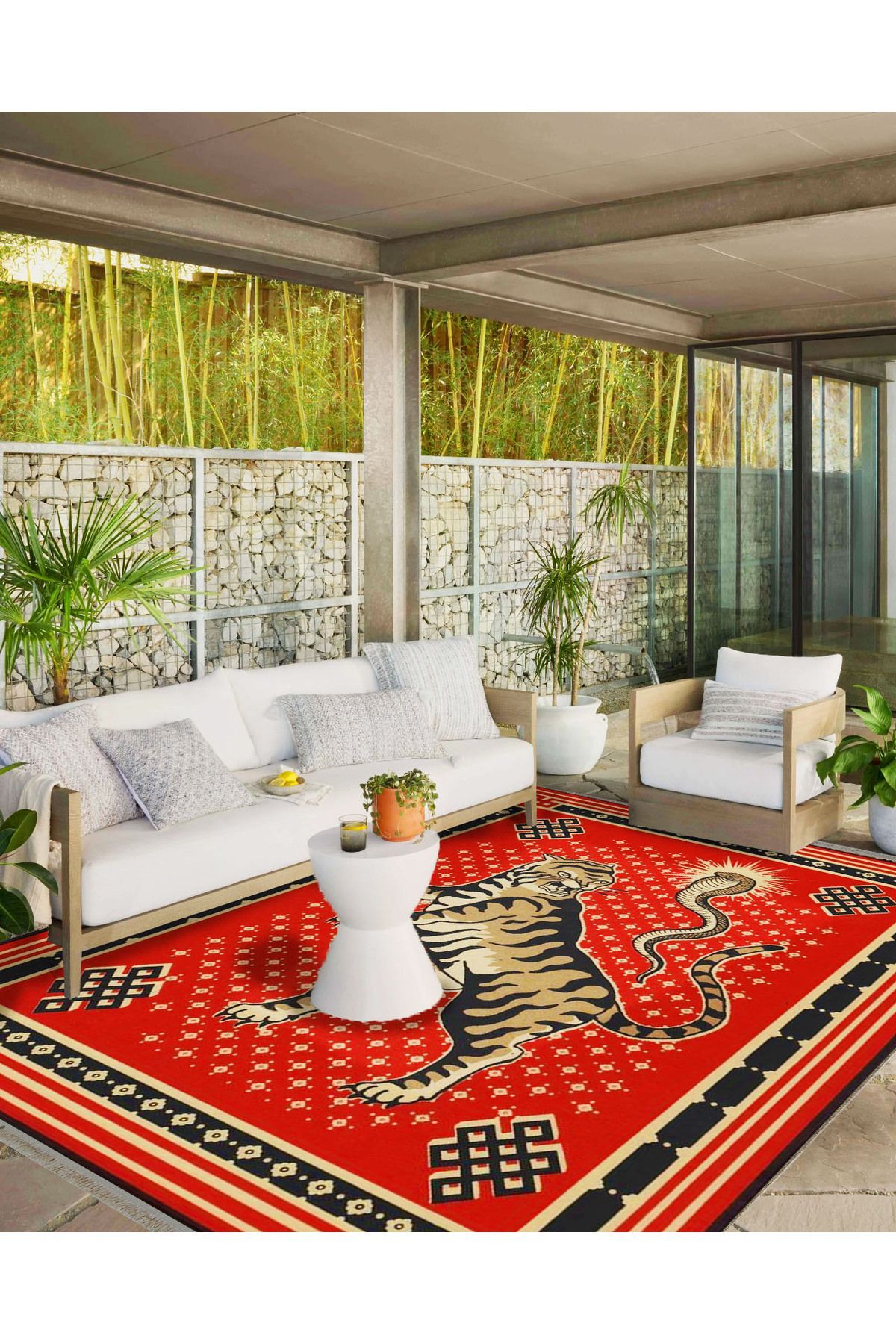 İnci Koleksiyonu Kırmızı TEma Etnik Kaplan Desenli Dokuma Taban Vintage Dekoratif Halı inci30