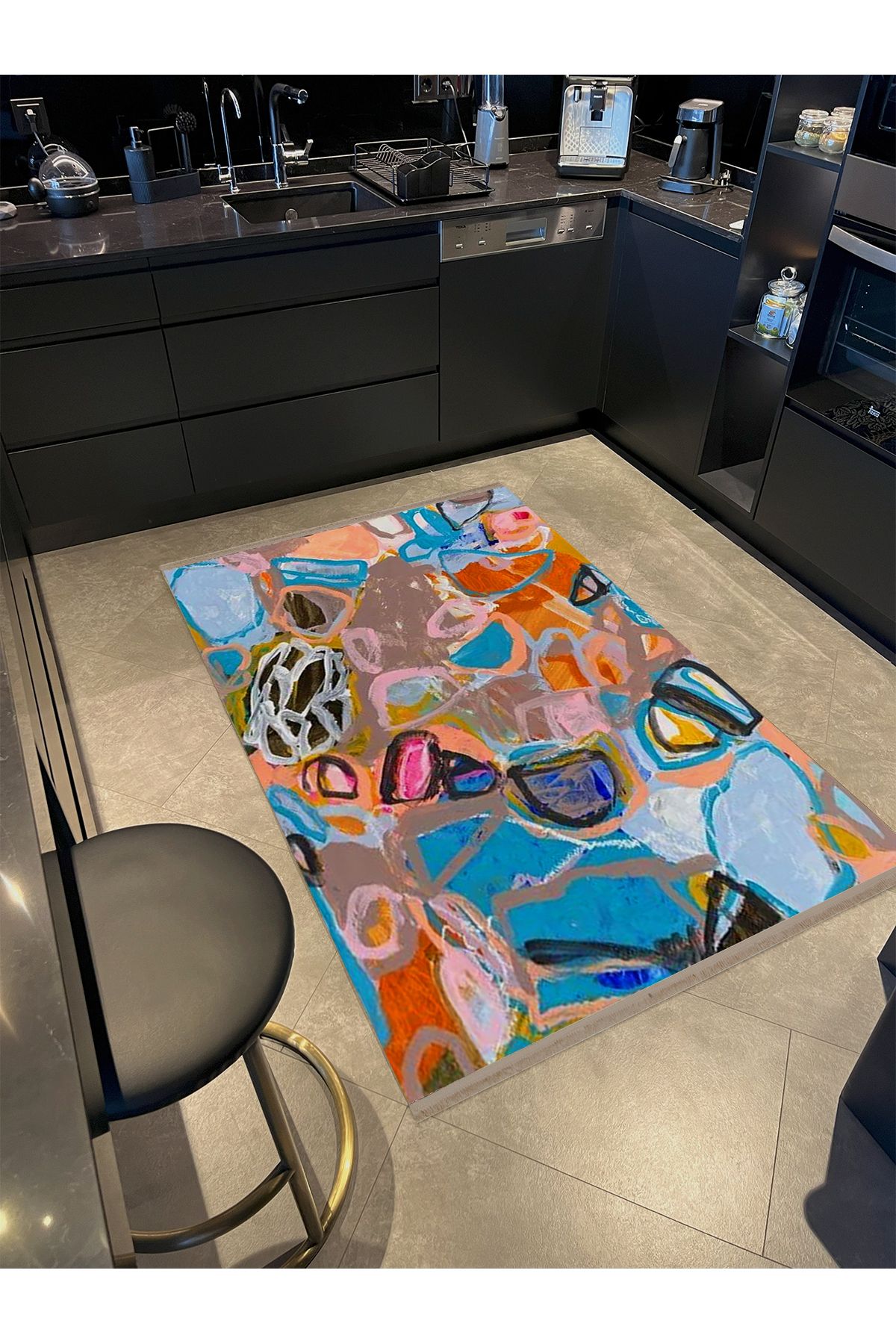 Özge Koleksiyonu Yağlı Boya Görünümlü Çok Renkli Soyut Desenli Dokuma Taban Dekoratif Halı özge23