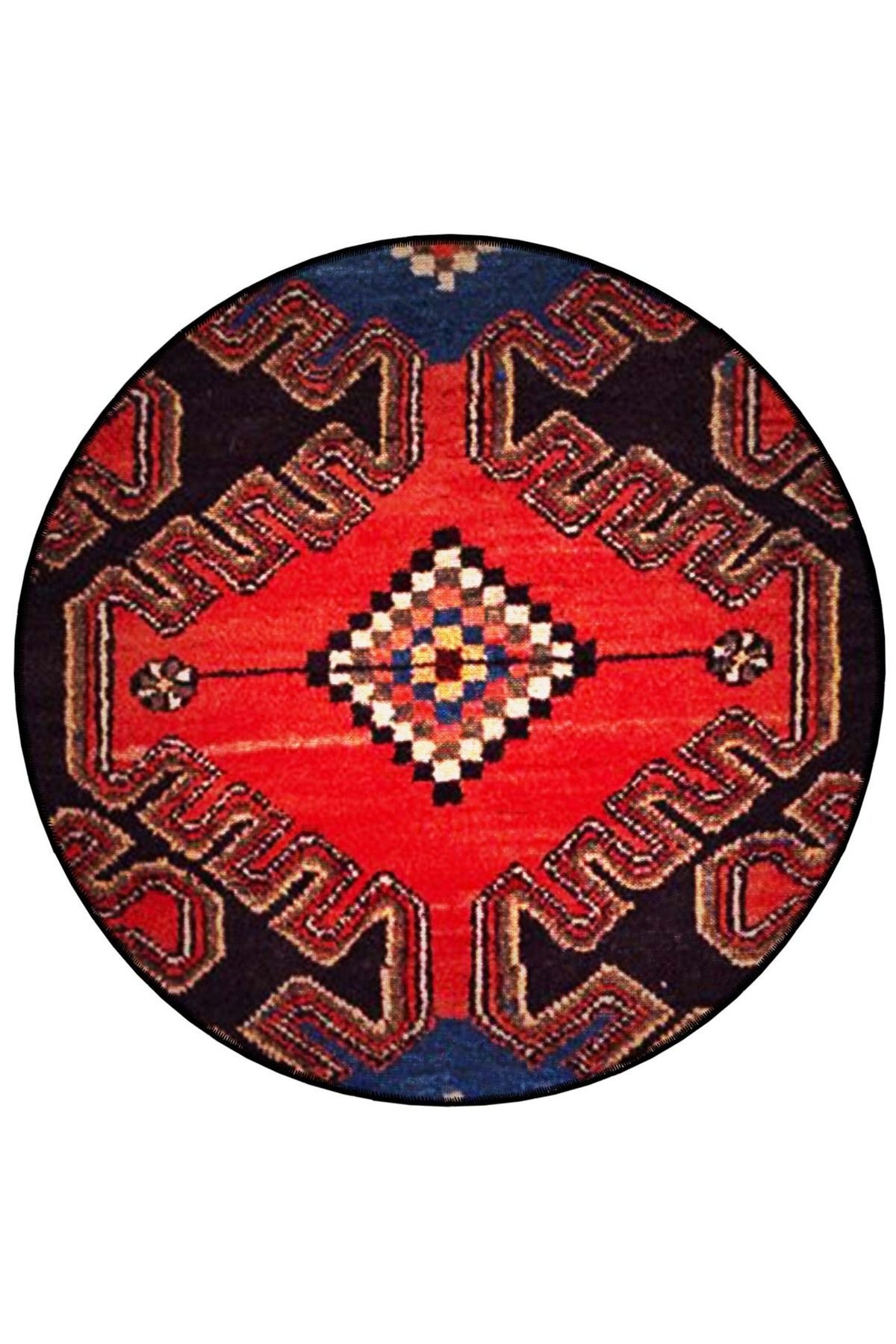 Lacivert Kırmızı Temalı Geleneksel Motif Desenli Yuvarlak Dokuma Taban Vintage Dekoratif Halı 6231