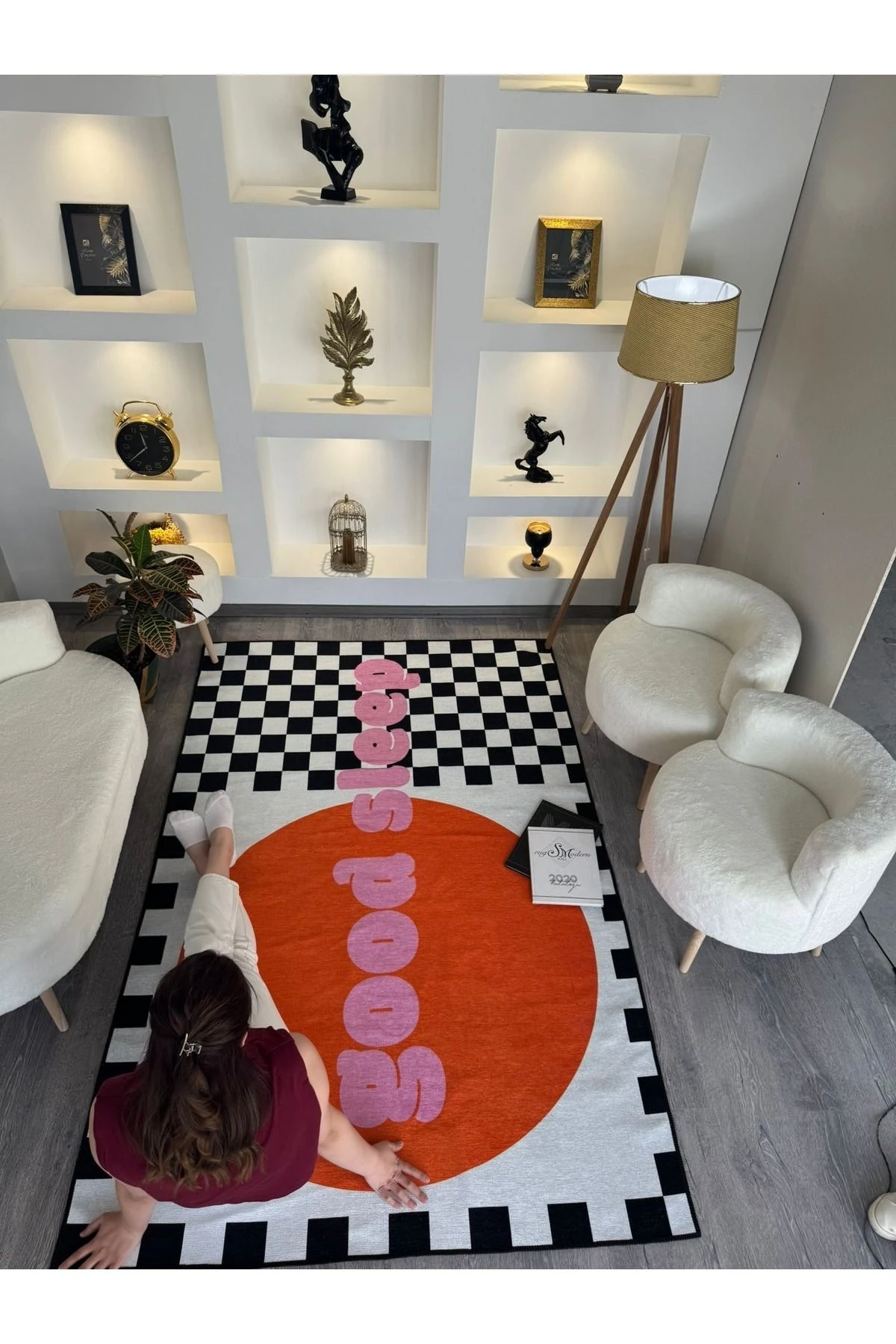 Opal Pembe Good Sleep Yazı Ve Dama Detaylı Dokuma Taban Modern Dekoratif Halı Opal08